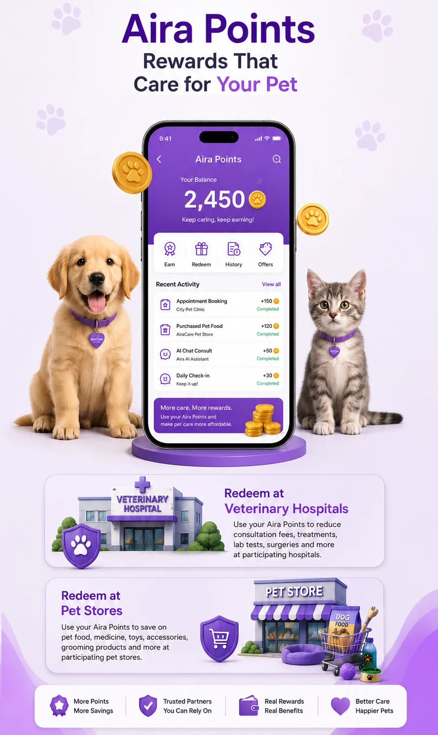 Earn and redeem Aira Points at veterinary hospitals and pet stores